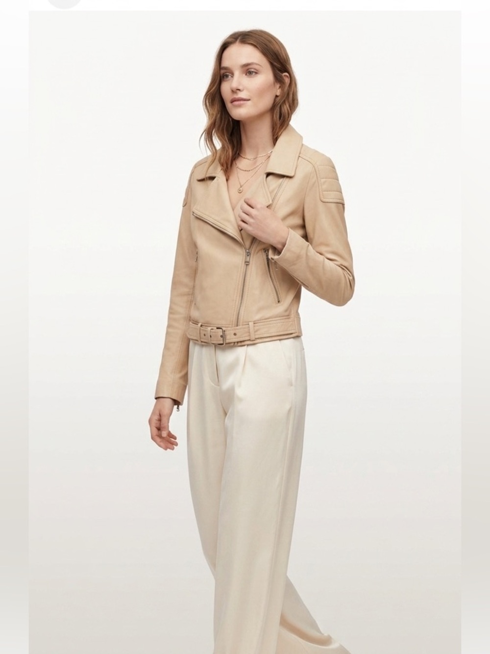 Uterque Beige & Blue Lined Cropped Sheep Leather Jacket Size Small Gold Hardware